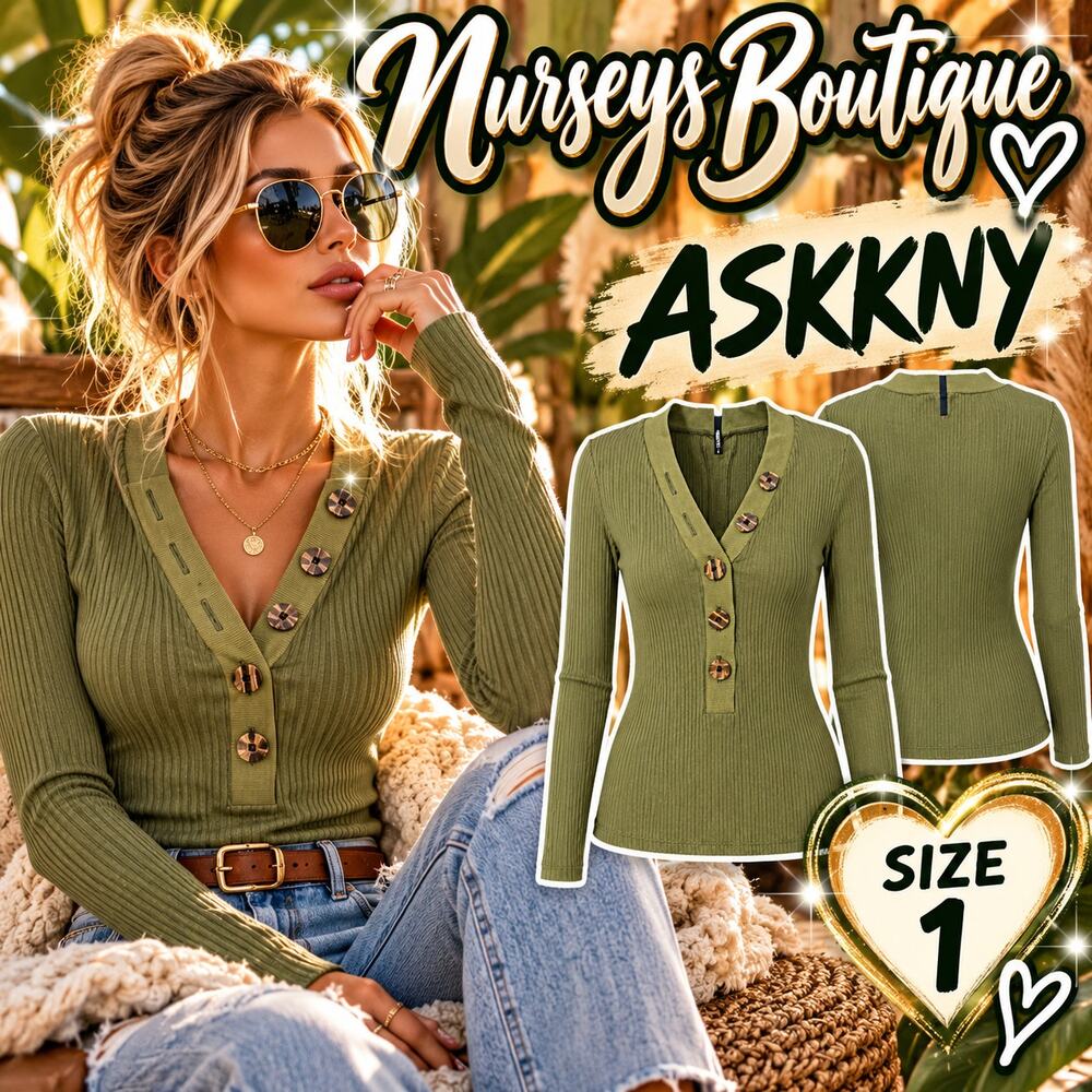 ASKKNY Size 1 Olive Green Ribbed Henley V Neck Long Sleeve Top Made USA